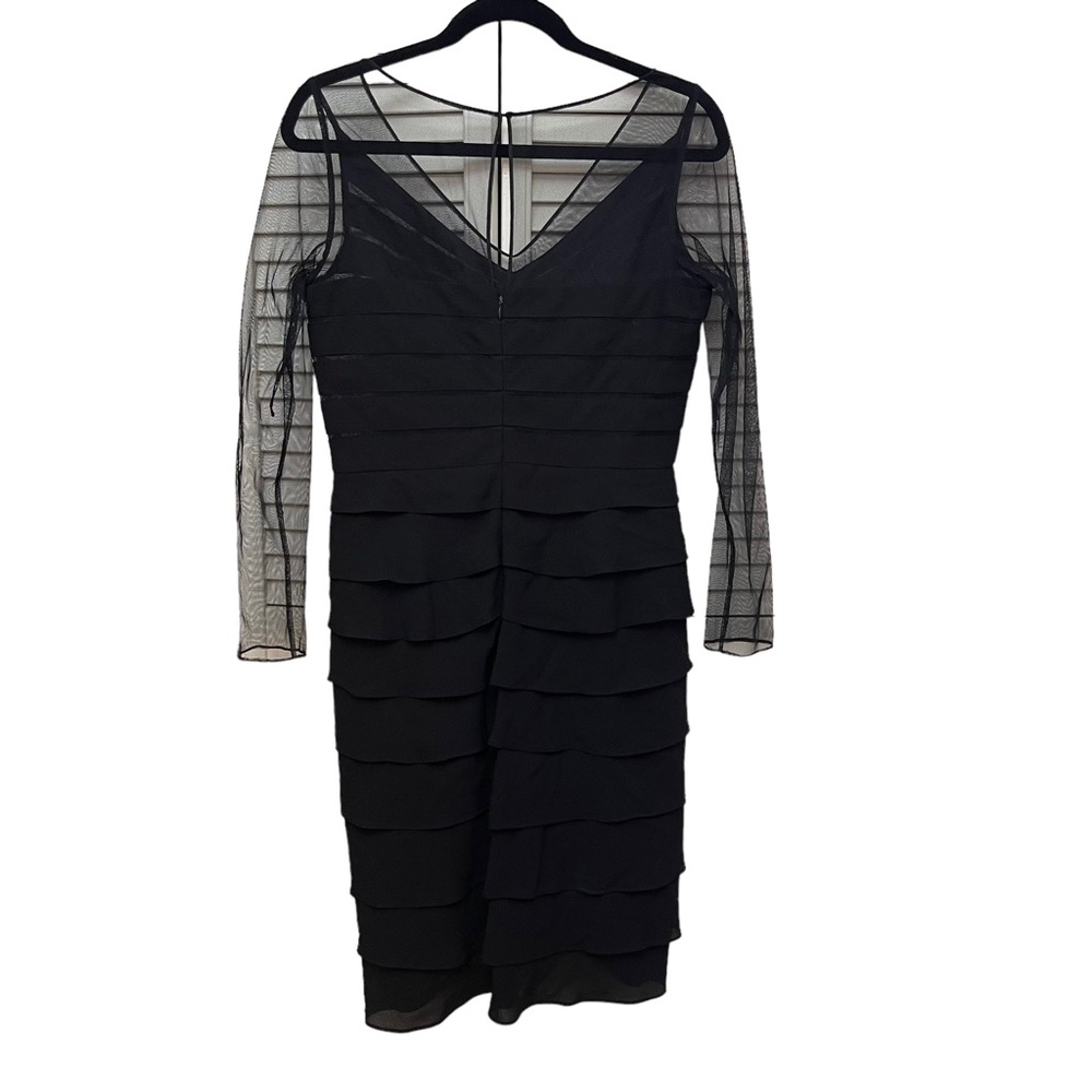 Adrianna Papell Long Sleeve Mesh Tiered Raffled Black Midi Dress Size 8 - Picture 2 of 10
